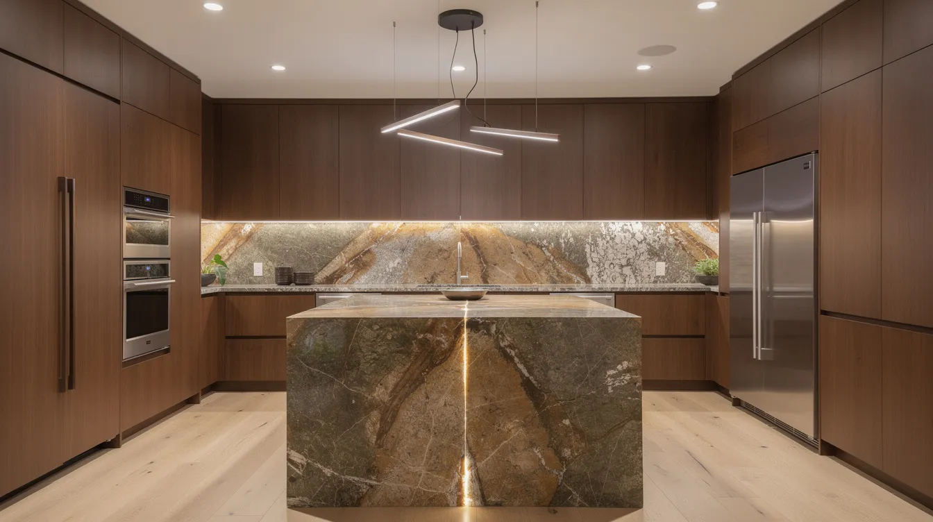This image showcases a completed luxury kitchen featuring a stunning book-matched stone island, custom walnut cabinetry, and layered lighting that creates an inviting atmosphere. The design highlights the seamless kitchen renovation process, emphasizing the modern appliances and functional space ideal for a dream kitchen.