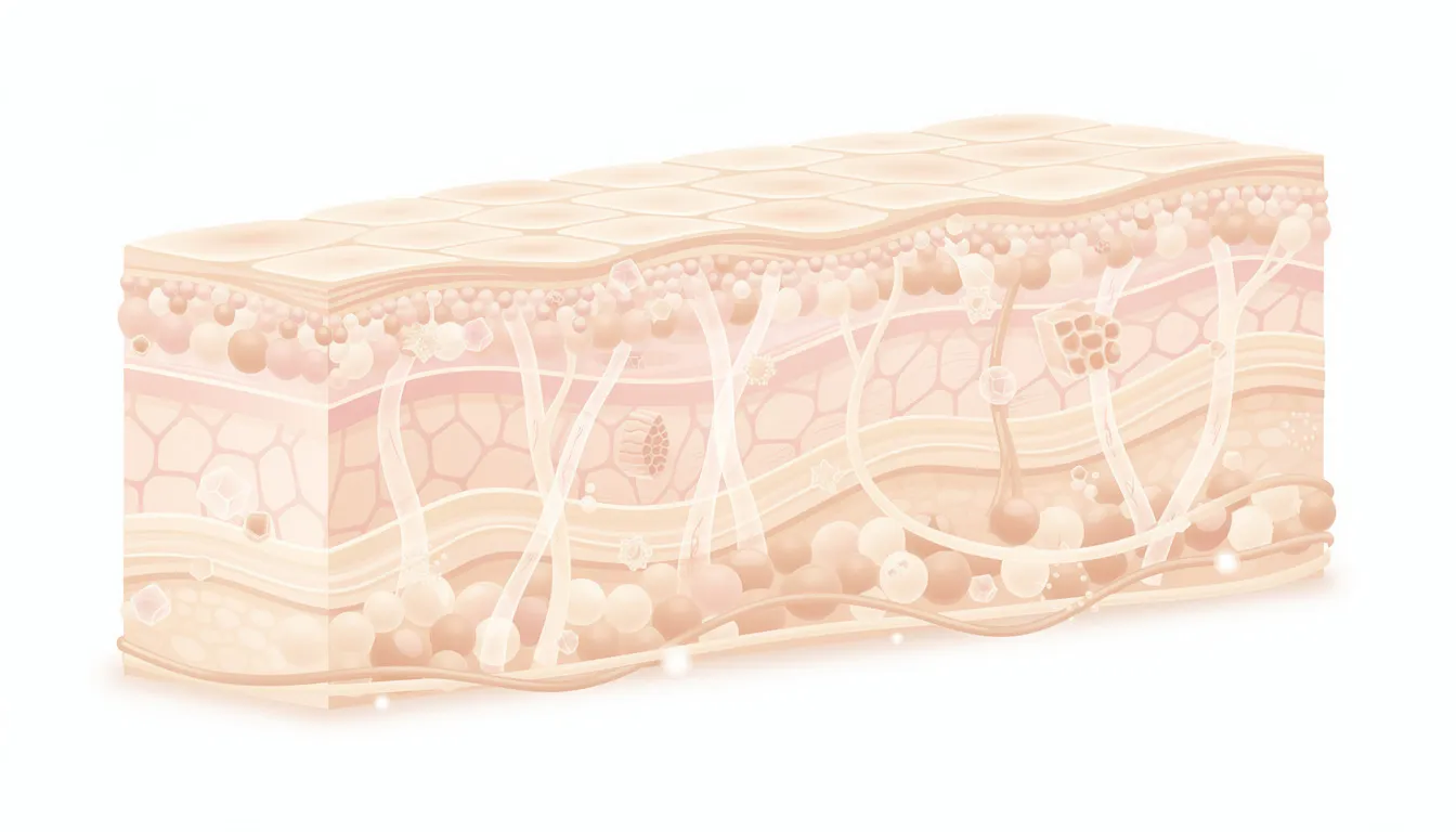 The image features an abstract illustration showcasing healthy skin layers with a detailed depiction of the cellular structure, emphasizing skin health and the importance of collagen and elastin production. This representation highlights the role of peptides for anti-aging, illustrating how they can stimulate collagen production and enhance skin elasticity, leading to improved skin appearance and hydration.