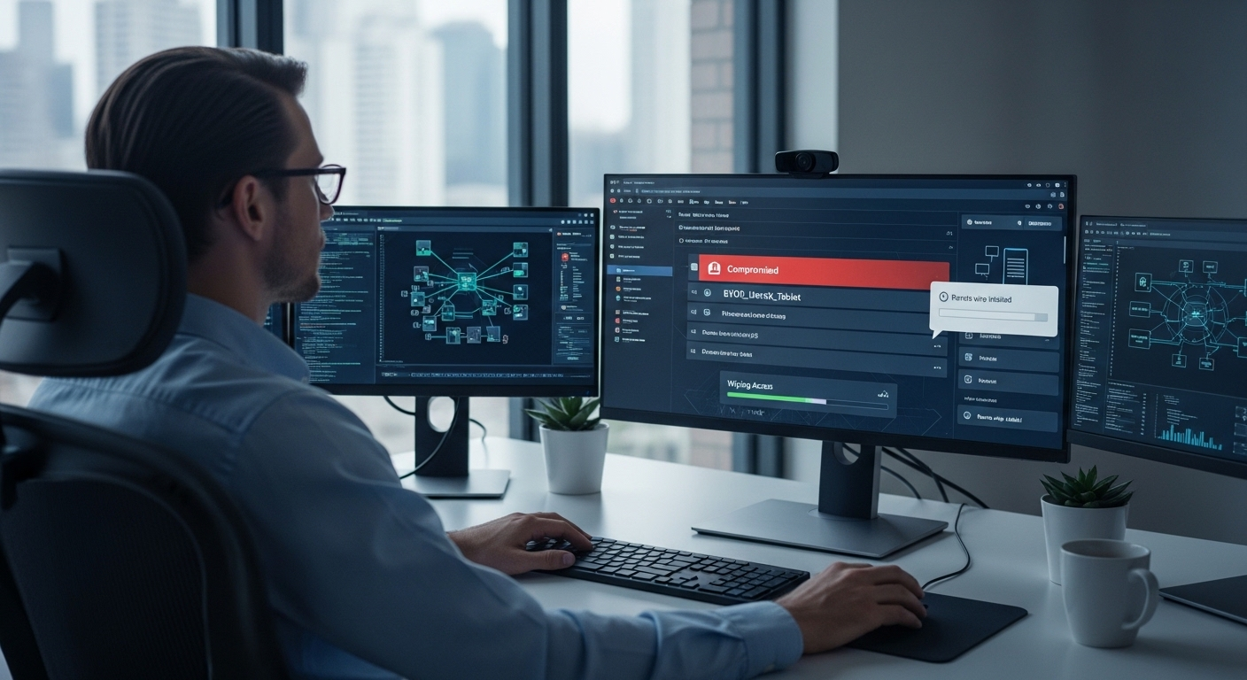 Security admin remotely wiping access from a compromised BYOD device in a cloud desktop environment.