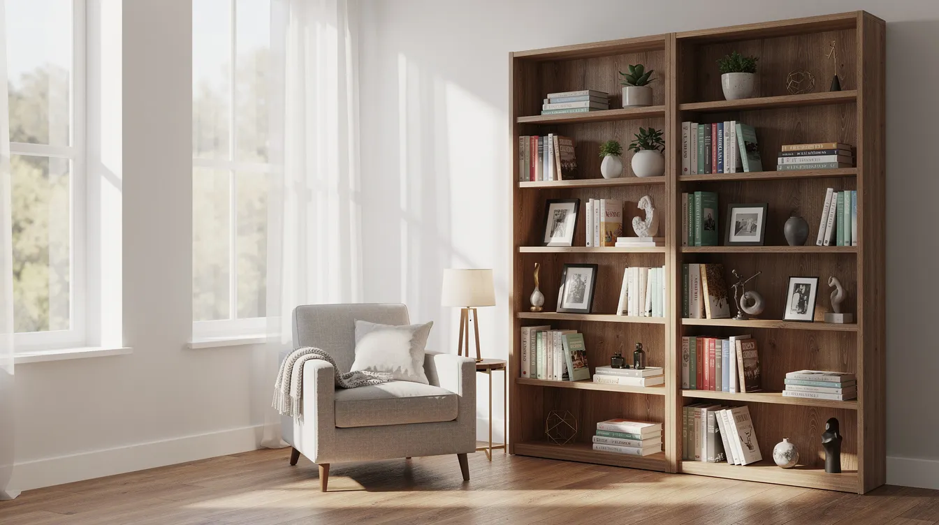 In een lichte woonkamer staat een grote houten boekenkast, gevuld met boeken in verschillende kleuren en decoratieve objecten zoals vazen en kleine vetplanten. De comfortabele fauteuil naast de boekenkast nodigt uit tot lezen en biedt een persoonlijke touch aan de ruimte.