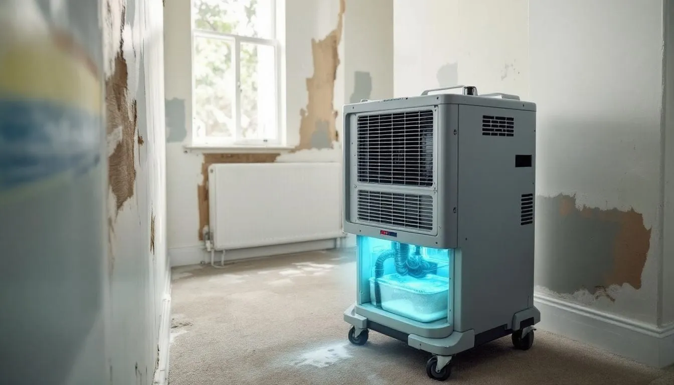 Dehumidification equipment in action during the restoration process.
