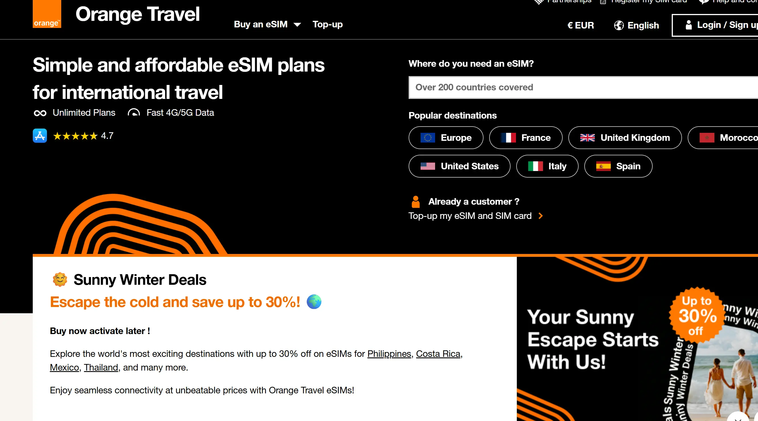 Startseite von Orange Travel mit der Auswahl der Länder Stand 13.03.2026