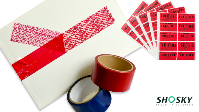 Security packaging tools, featuring 'VOID' tape and barcode labels