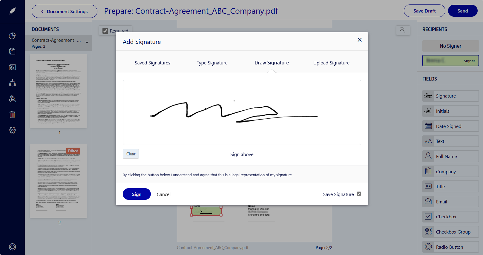 Signing a contract with Xodo Sign