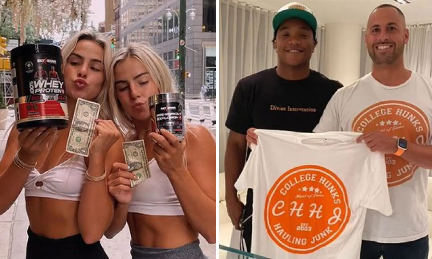 Two college athletes posing with whey protein supplements and holding up dollar bills, showcasing their NIL endorsement earnings on a city street.