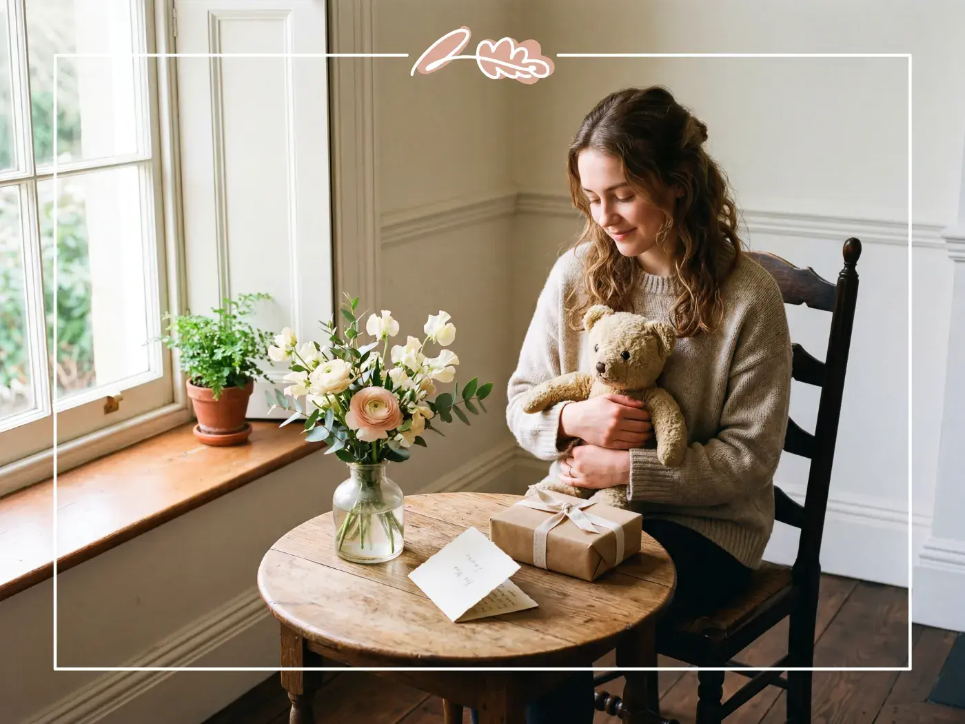 Child's birthday gift moment with teddy bear small bouquet of sweet peas and wrapped present from Fabulous Flowers Cape Town