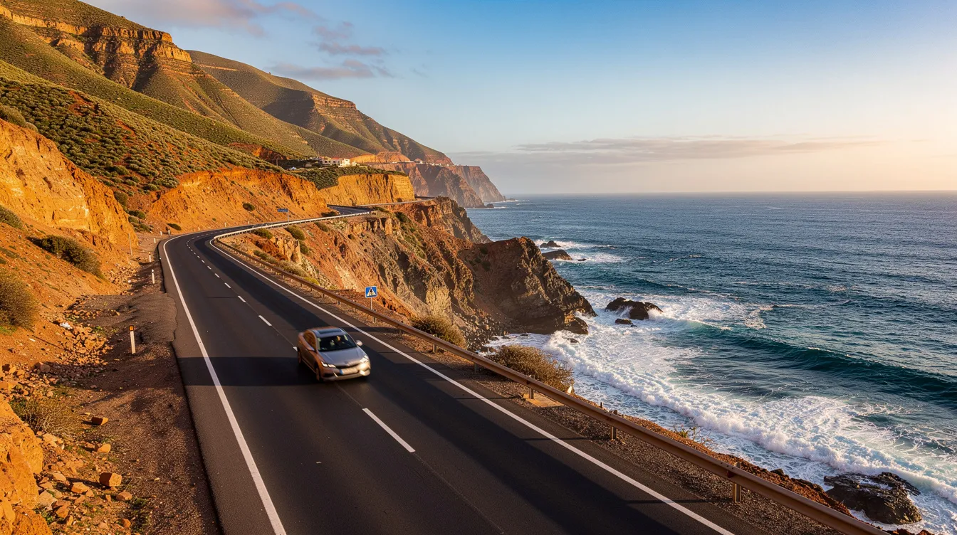 Une voiture de location roule sur une route côtière le long de la Méditerranée.