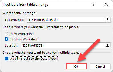 The OK button of the Pivot Table from table or range dialog box