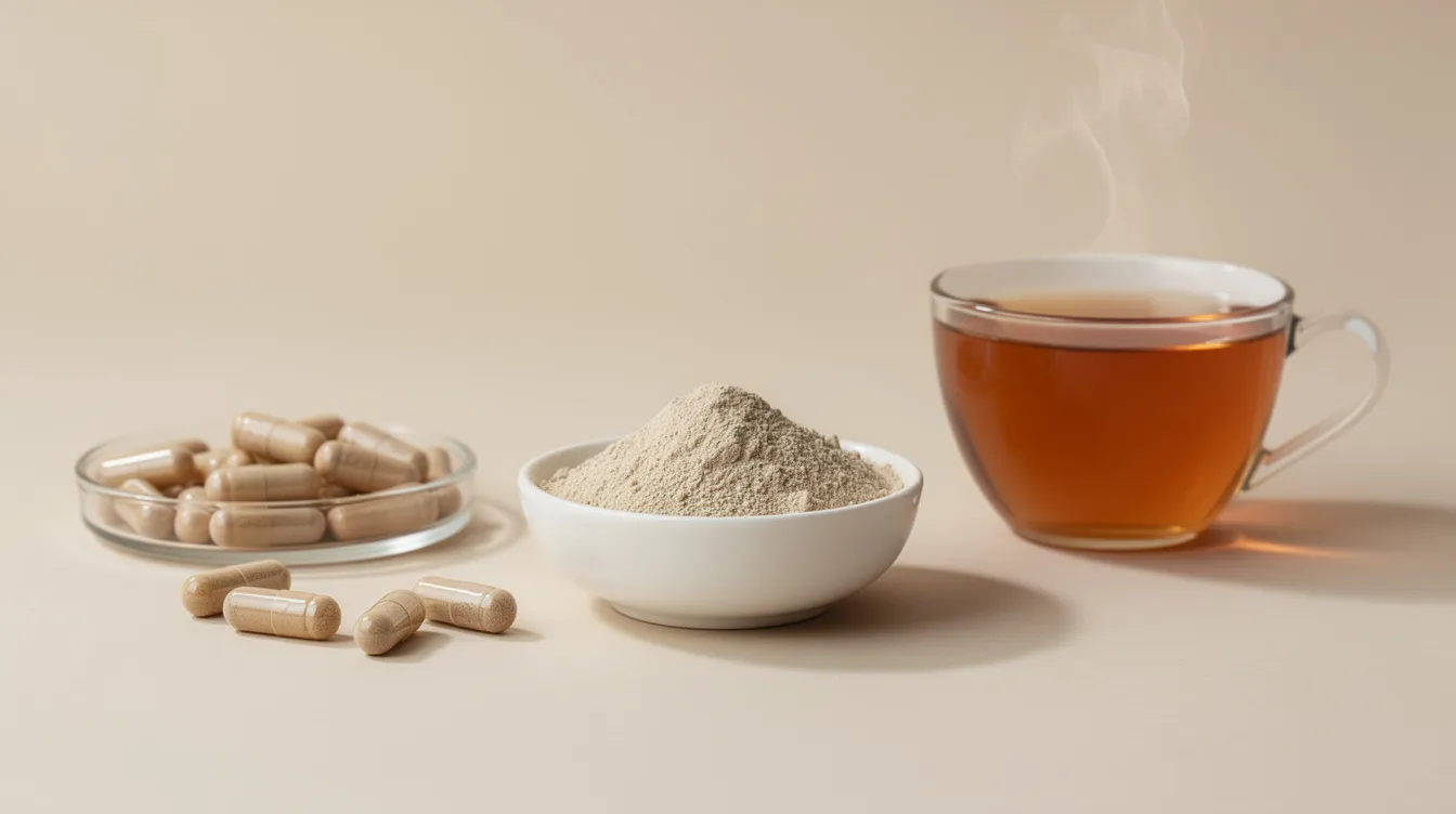 The image features various forms of turkey tail mushroom supplements, including capsules, loose powder, and a steaming cup of mushroom tea, all arranged on a neutral background. These supplements are known for their remarkable health benefits, particularly in supporting immune function and digestive health.