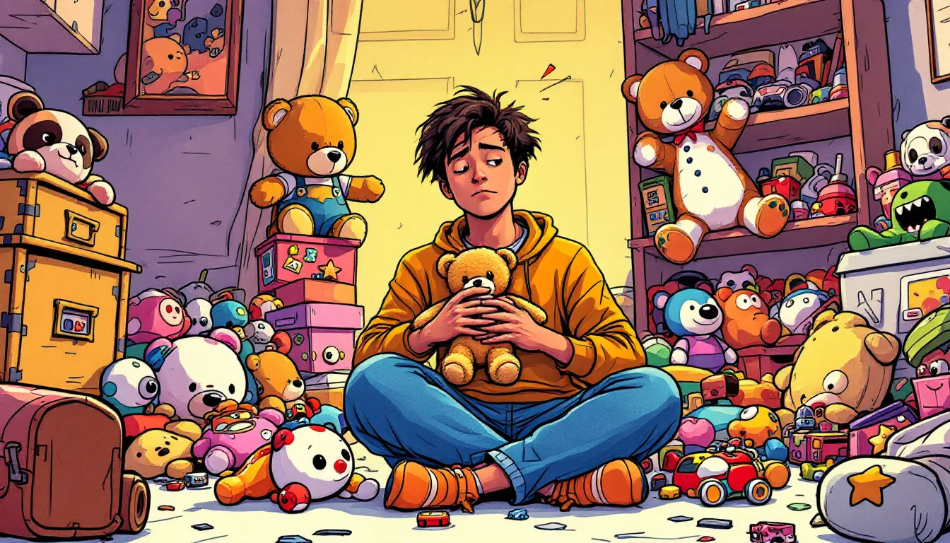 A person holding onto old toys, struggling with emotional attachments while decluttering.