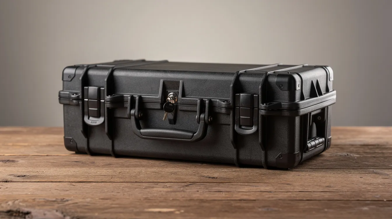The image shows a locked hard-sided gun case resting on a table, emphasizing security and proper firearm storage in accordance with New Jersey law. This case is designed to hold firearms, ensuring compliance with regulations that promote gun violence prevention and responsible firearm ownership.