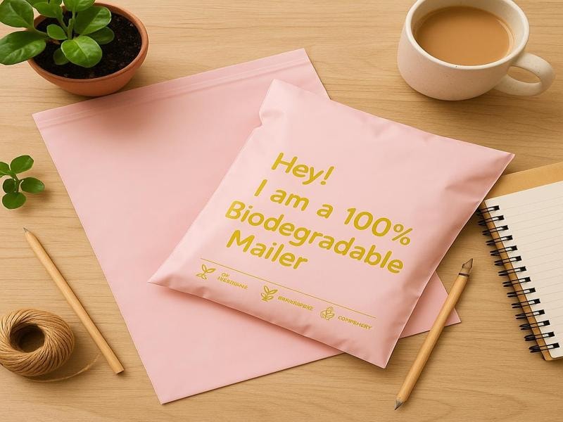 A photo of a light pink biodegradable mailer bag with yellow writing that says, "Hey! I am a 100% Biodegradable Mailer." The bag is placed on a wooden desk with a small green plant, a cup of coffee, a notebook, a pencil, and a roll of twine around it.