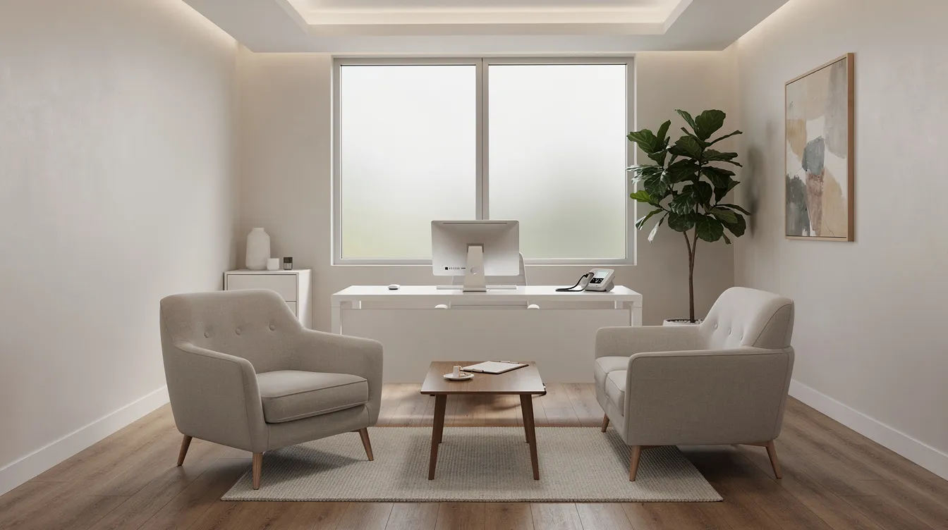 The image depicts a serene and modern medical consultation room featuring comfortable seating, designed to provide a calming atmosphere for patients discussing significant weight loss and potential body contouring procedures. The space emphasizes a focus on skin health and the effects of rapid weight loss, such as loose skin and skin elasticity.