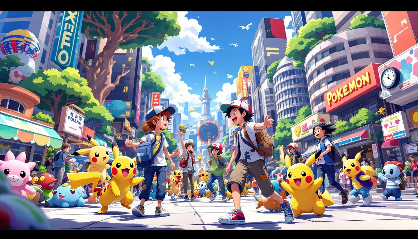 Eine lebendige Stadtansicht mit Spielern, die nach Pokémons suchen.