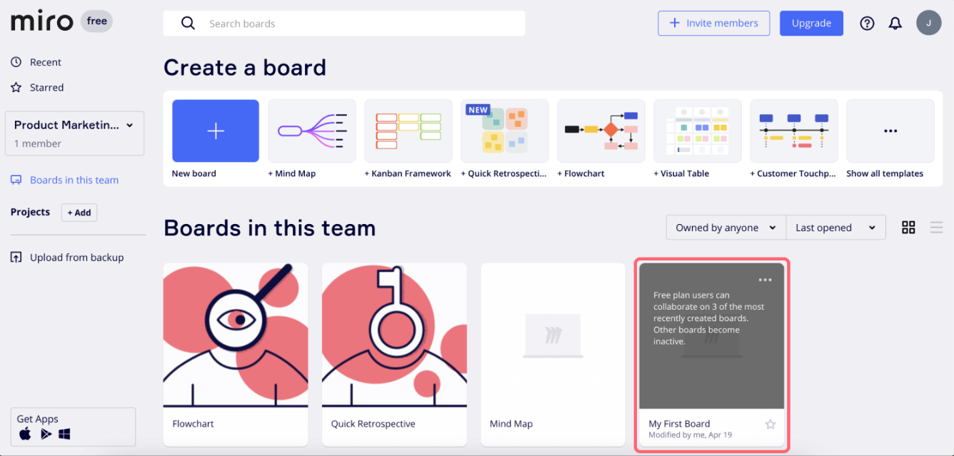 Versão gratuita do Miro com recursos básicos. Usuários podem fazer upgrade para versão premium