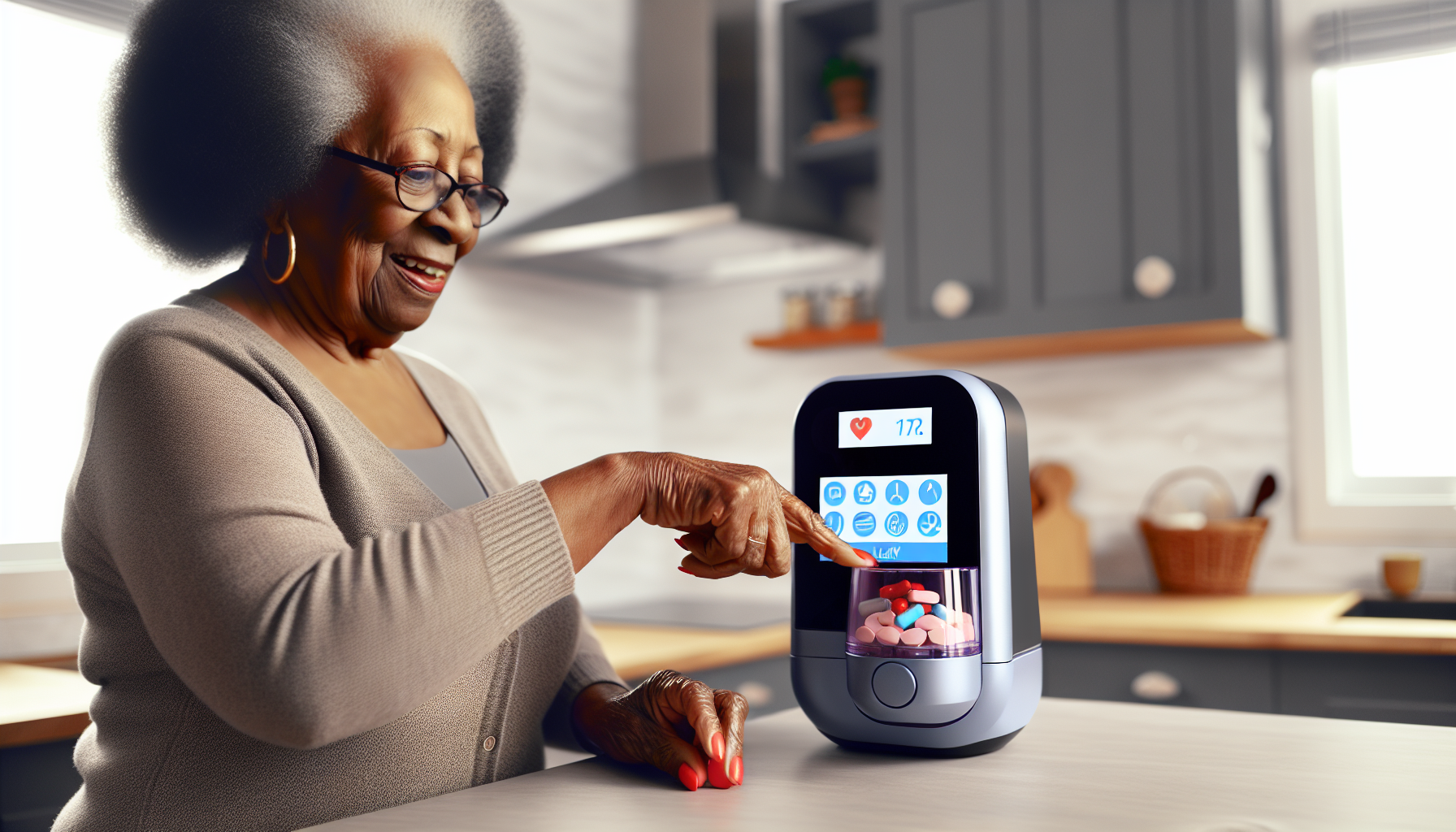 Senior woman using a smart pill dispenser