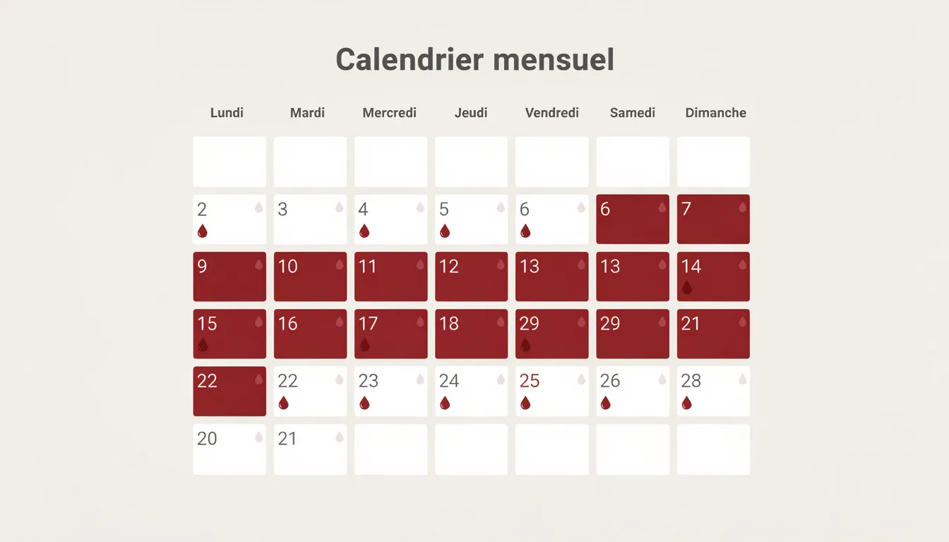Un calendrier mensuel montre deux périodes de règles marquées en rouge, illustrant un cycle menstruel avec des menstruations survenant deux fois par mois. Ce visuel peut aider les femmes à suivre leurs règles et à identifier d'éventuels dérèglements dans leur cycle.