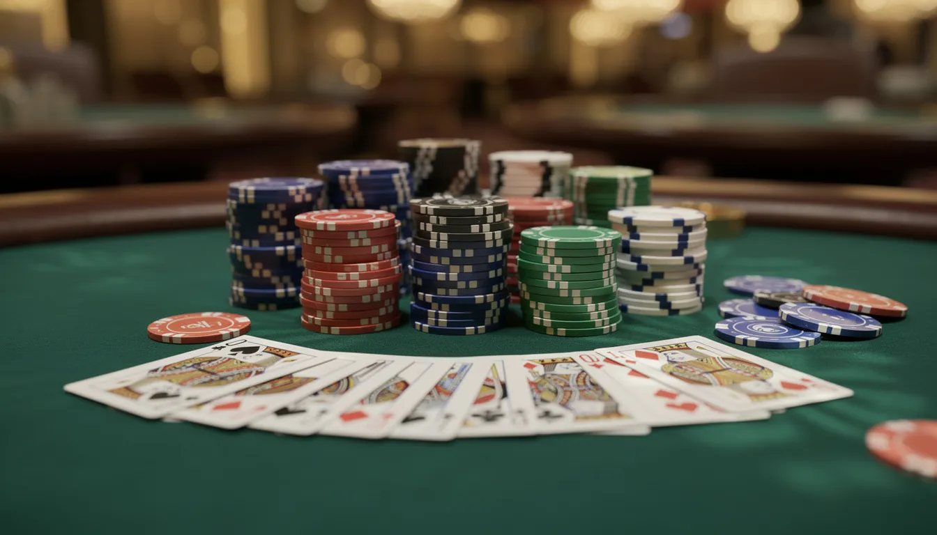 En grön filt-tavla är belagd med pokermarker och spelkort, vilket skapar en inbjudande casinostämning. Setupen ger en känsla av spänning och spel, perfekt för en kväll med spelunderhållning.