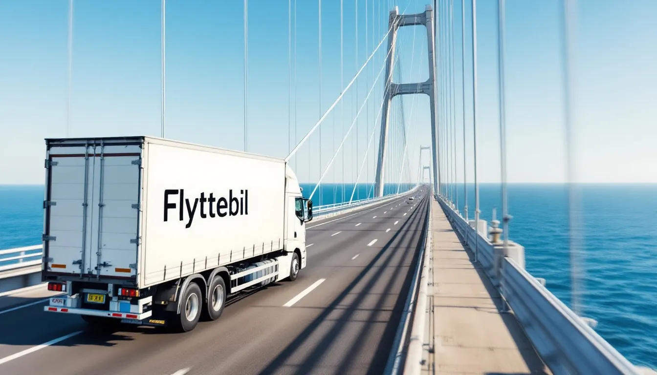 En flyttebil kører over Storebæltsbroen, på vej til en ny adresse i Jylland fra Sjælland. Bilen er fyldt med flyttekasser og møbler, hvilket symboliserer en effektiv og professionel flytning, der sikrer sikker transport af ejendele.