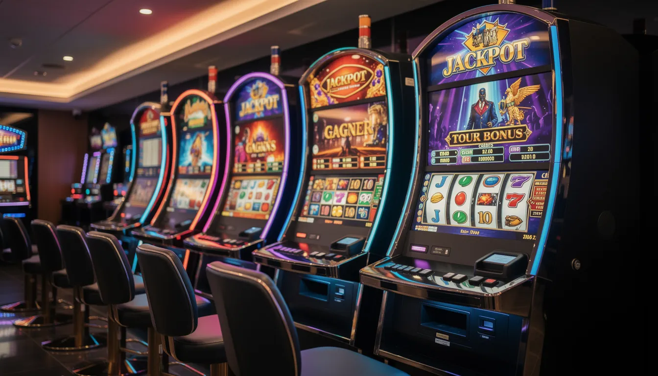 L'image montre une salle de jeu moderne remplie de machines à sous colorées, alignées avec soin. Ces machines, emblématiques des casinos avec licence internationale, attirent les joueurs avec leurs lumières vives et leurs écrans animés, offrant une expérience immersive dans l'univers des jeux d'argent.