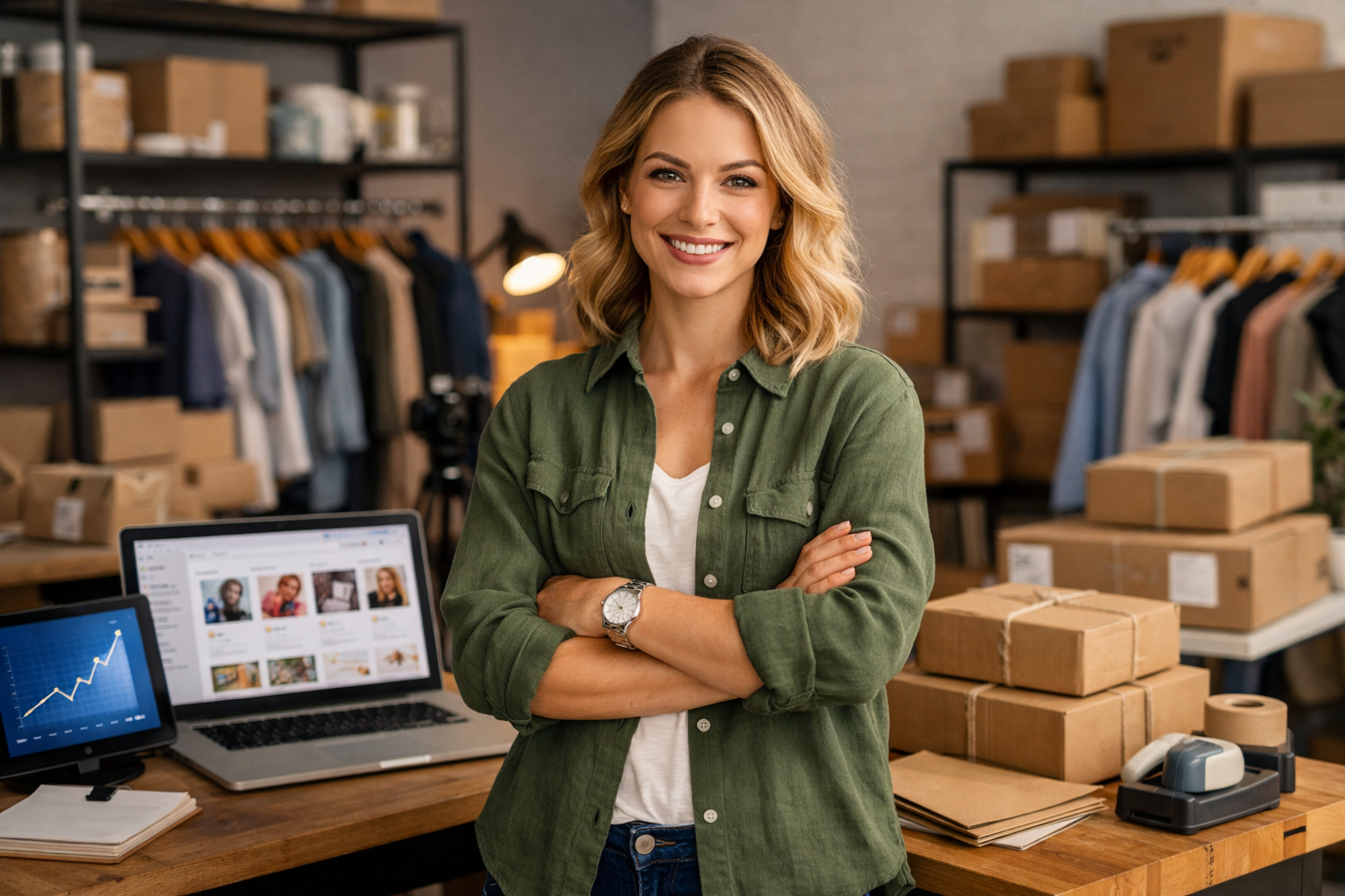 A confident eCommerce business owner stands in a well-organized home workspace with packaged boxes and shipping supplies around her, smiling while standing beside a laptop displaying sales data, conveying growth, success, and efficient online business operations. The image suggests achieving business success by securing business funding to pay taxes, support payroll, and drive growth.