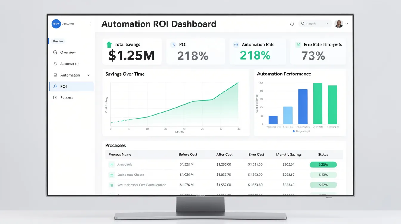 The image depicts an ROI dashboard showcasing various automation performance metrics related to the retail industry, highlighting cost savings and operational efficiency. It includes visual representations of customer data, sales data, and predictive analytics, emphasizing the impact of AI in retail on inventory management and customer satisfaction.