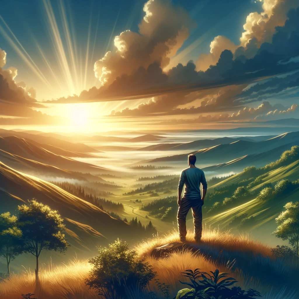 AI generate image of man demonstrating how to get out of survival mode, climbed mountain looking into beautiful setting sun 