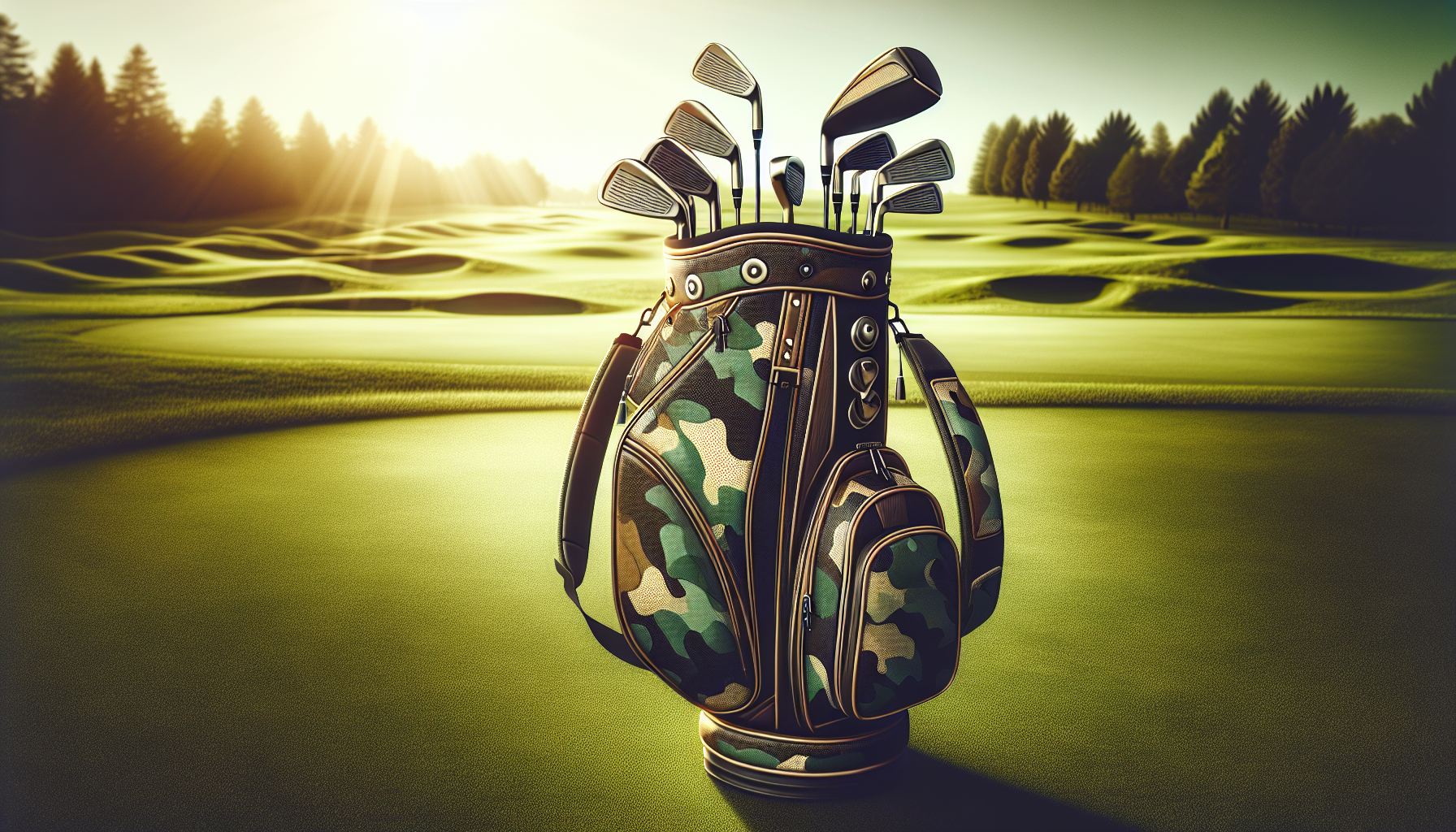 Illustration of a stylish camo golf bag on a golf course