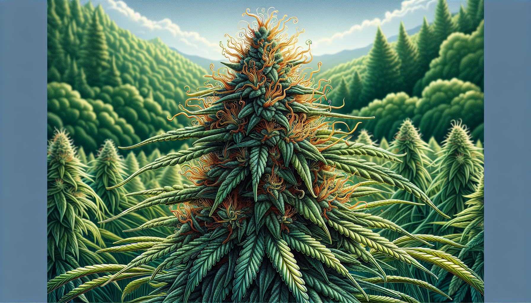 Illustration of mature cannabis plant with resin glands and pistils