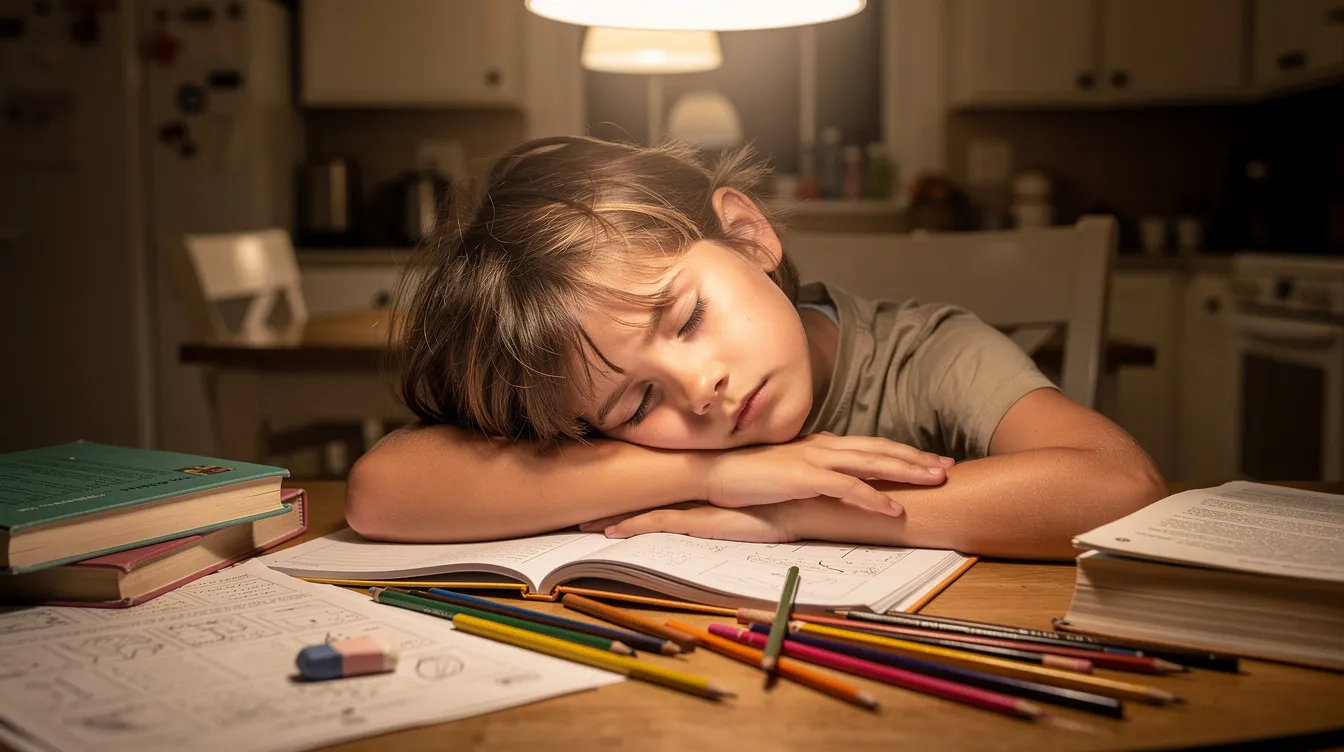 A tired child rests their head on their arms at a kitchen table, surrounded by scattered school books and pencils, illustrating the cognitive load and stress often associated with completing homework. This scene reflects the challenges children face in managing their academic performance and focus in a busy environment.
