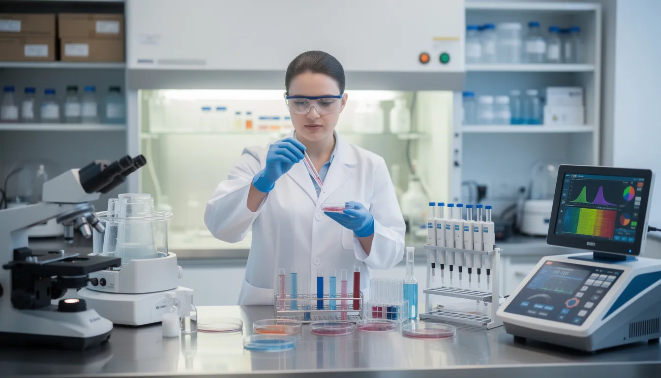 The image depicts a scientist in a clinical research laboratory, meticulously examining samples using advanced equipment like mass spectrometry and high-performance liquid chromatography. This environment is focused on the synthesis and analysis of high-quality peptides, essential for scientific research and various applications in medicine and human use.