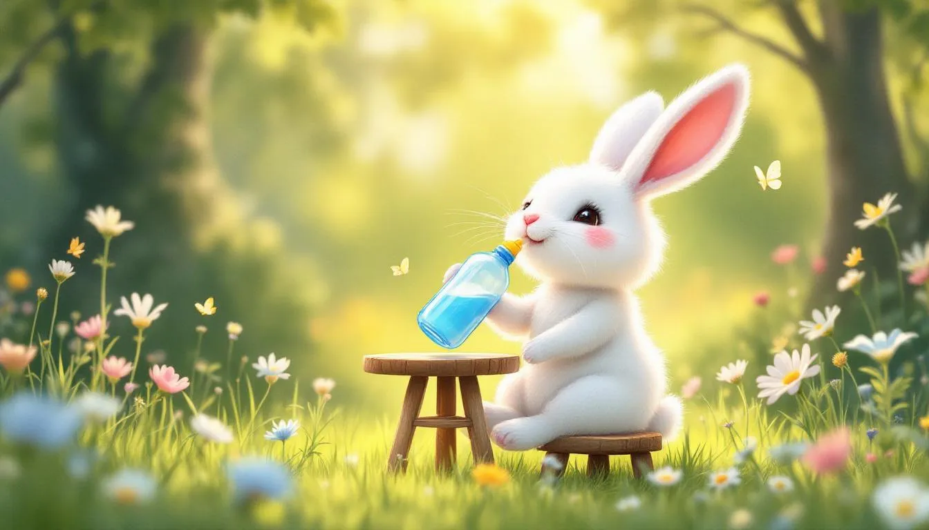 A rabbit drinking fresh water from a bottle, highlighting hydration needs.