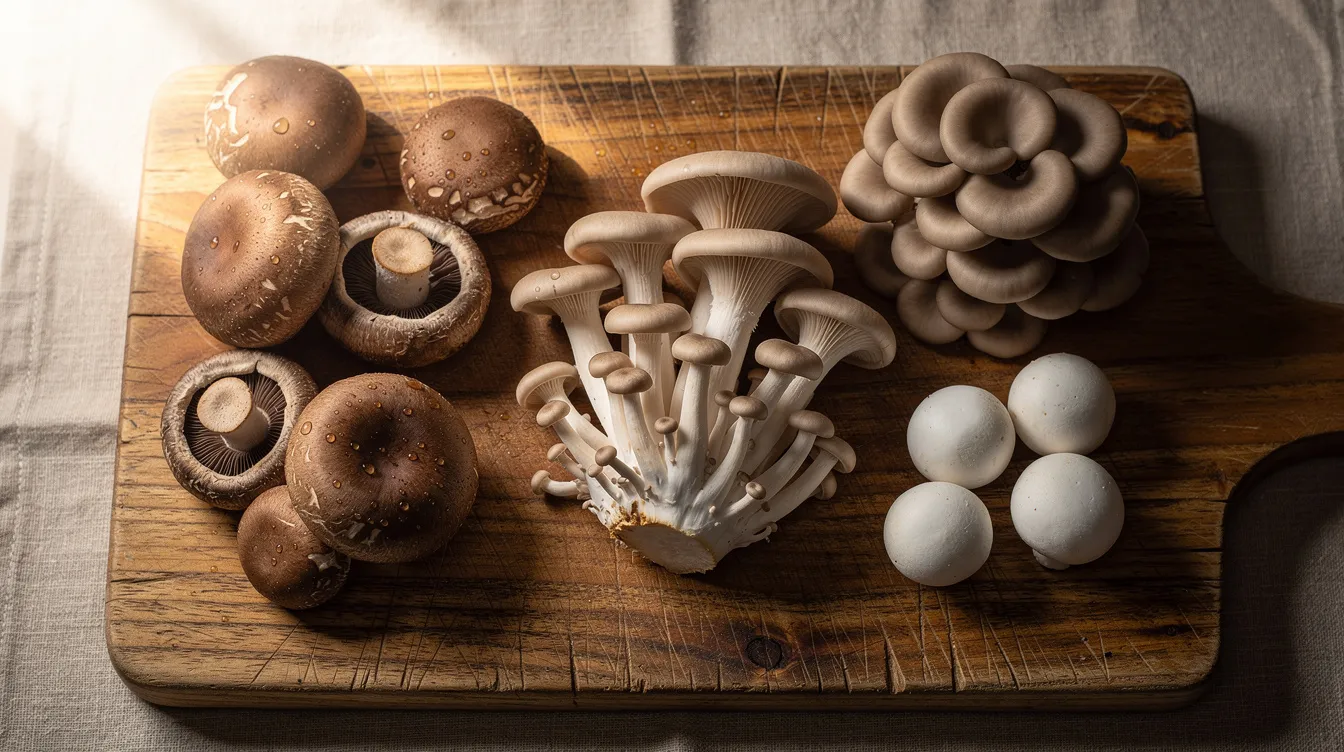 The image features a selection of fresh mushrooms, including shiitake, oyster, and white button varieties, beautifully arranged on a rustic wooden cutting board. Incorporating these heart-healthy foods into your diet can help support healthy cholesterol levels and lower LDL cholesterol, contributing to overall cardiovascular health.