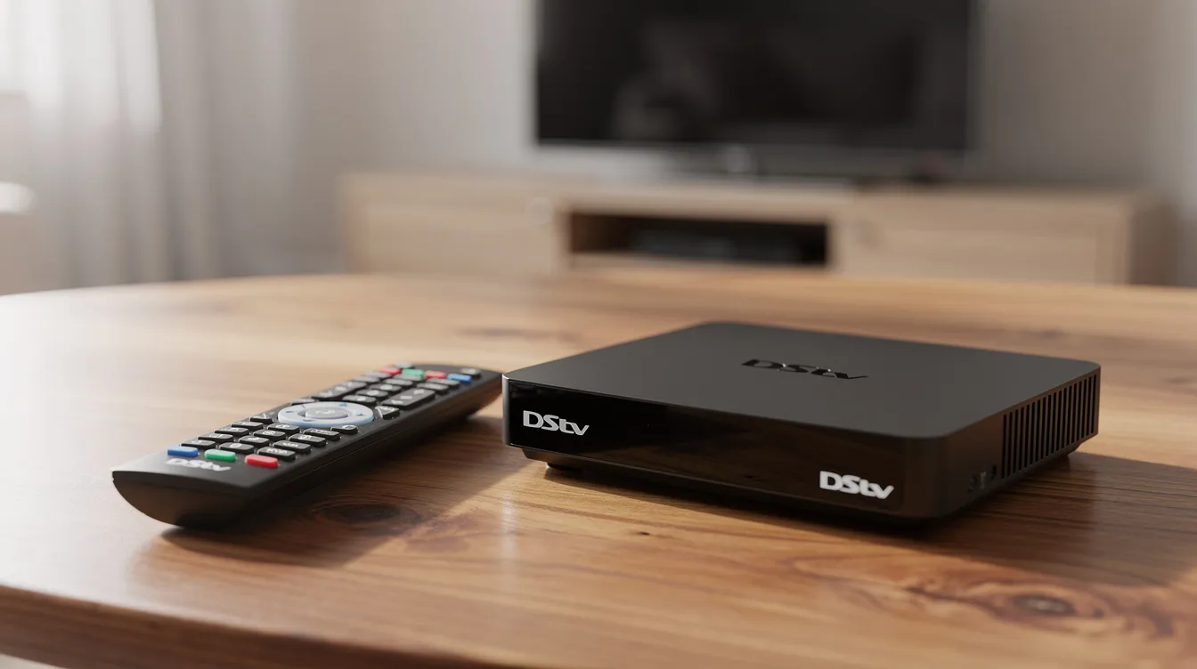 The image shows a DStv decoder and remote control resting on a wooden table, highlighting the essential equipment needed for a DStv installation. This setup is crucial for enjoying uninterrupted entertainment through reliable services provided by professional installers in Mitchells Plain.