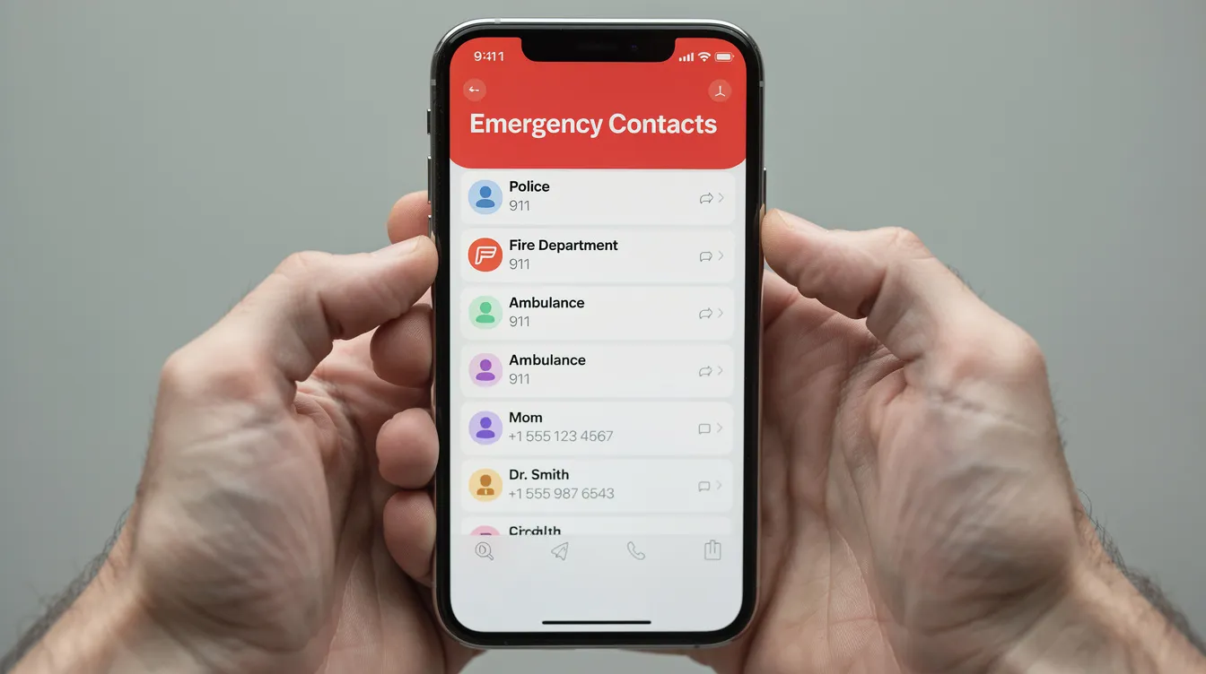 An image shows hands holding a smartphone that displays a list of emergency contact numbers, emphasizing the importance of having support readily available for mental health crises, particularly for those dealing with bipolar disorder and other mood disorders. This visual serves as a reminder to seek help from mental health professionals and support groups during challenging moments.
