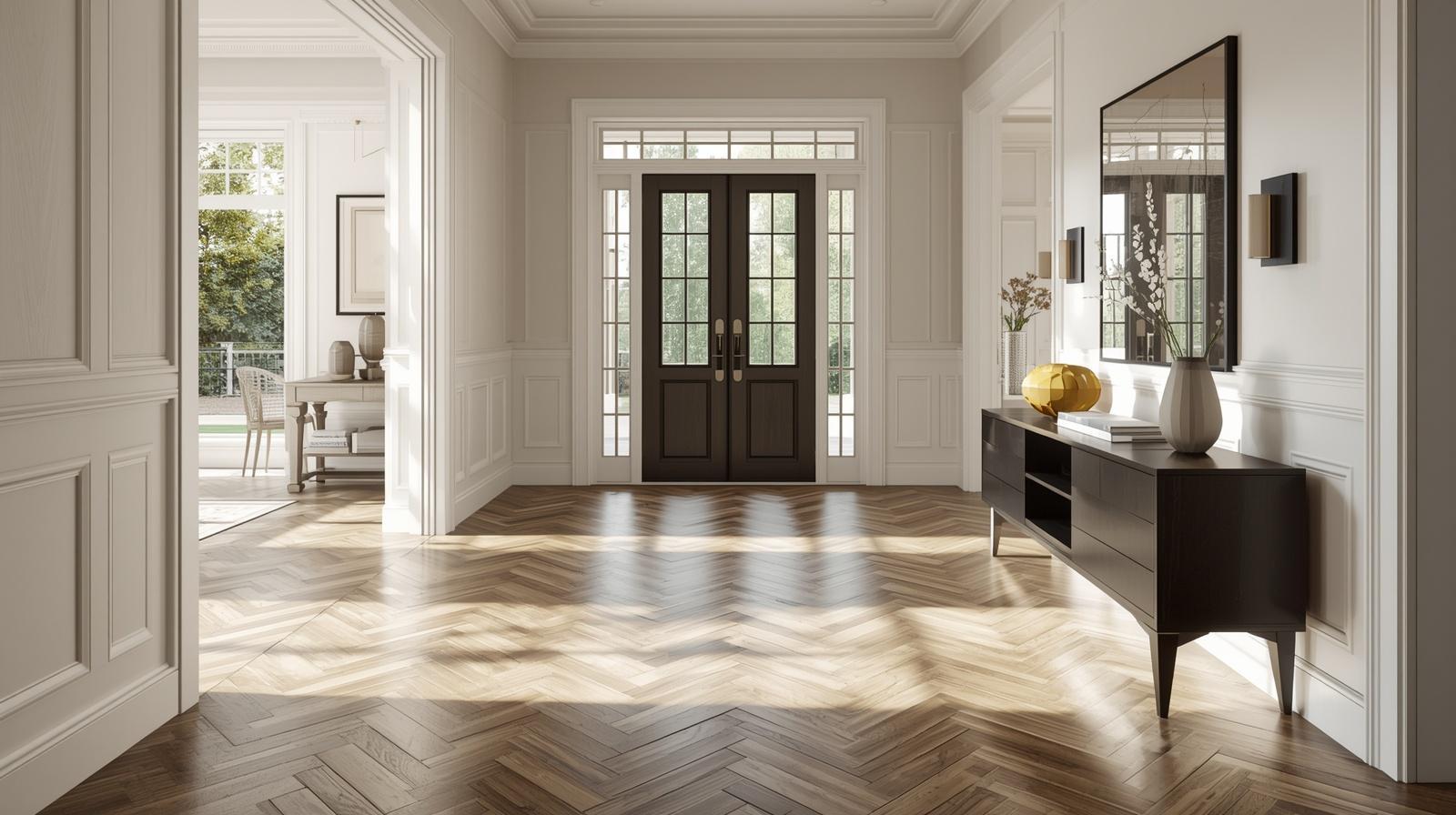 A beautiful, modern entryway featuring a striking herringbone pattern on the floor and walls, bathed in soft, natural light, with a sleek console table and minimalist decor.