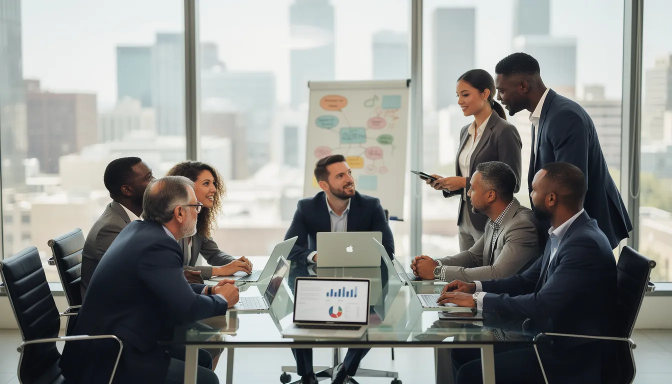 A diverse scrum team of professionals is engaged in a discussion around a conference table, equipped with laptops, as they collaborate on their software development project. The team members are likely reviewing their sprint backlog and planning for future sprints, embodying the principles of the scrum framework and agile methodologies.