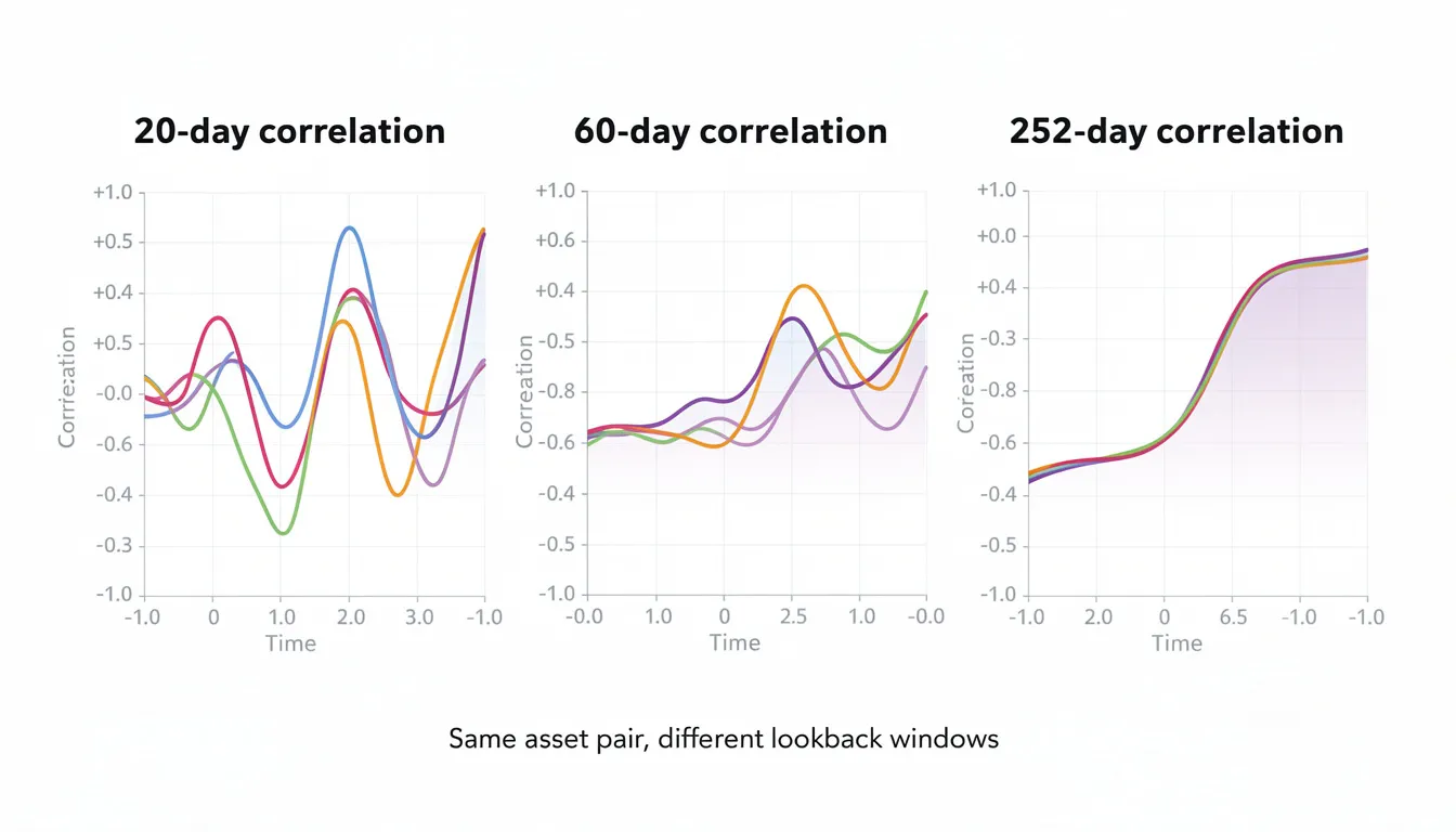The image depicts a comparison chart illustrating the correlation coefficient of the same asset pair across three different lookback windows: 20-day, 60-day, and 252-day. The chart highlights variations in correlation analysis, showing instances of positive and negative correlations, which can inform trading strategies and risk management decisions in financial markets.