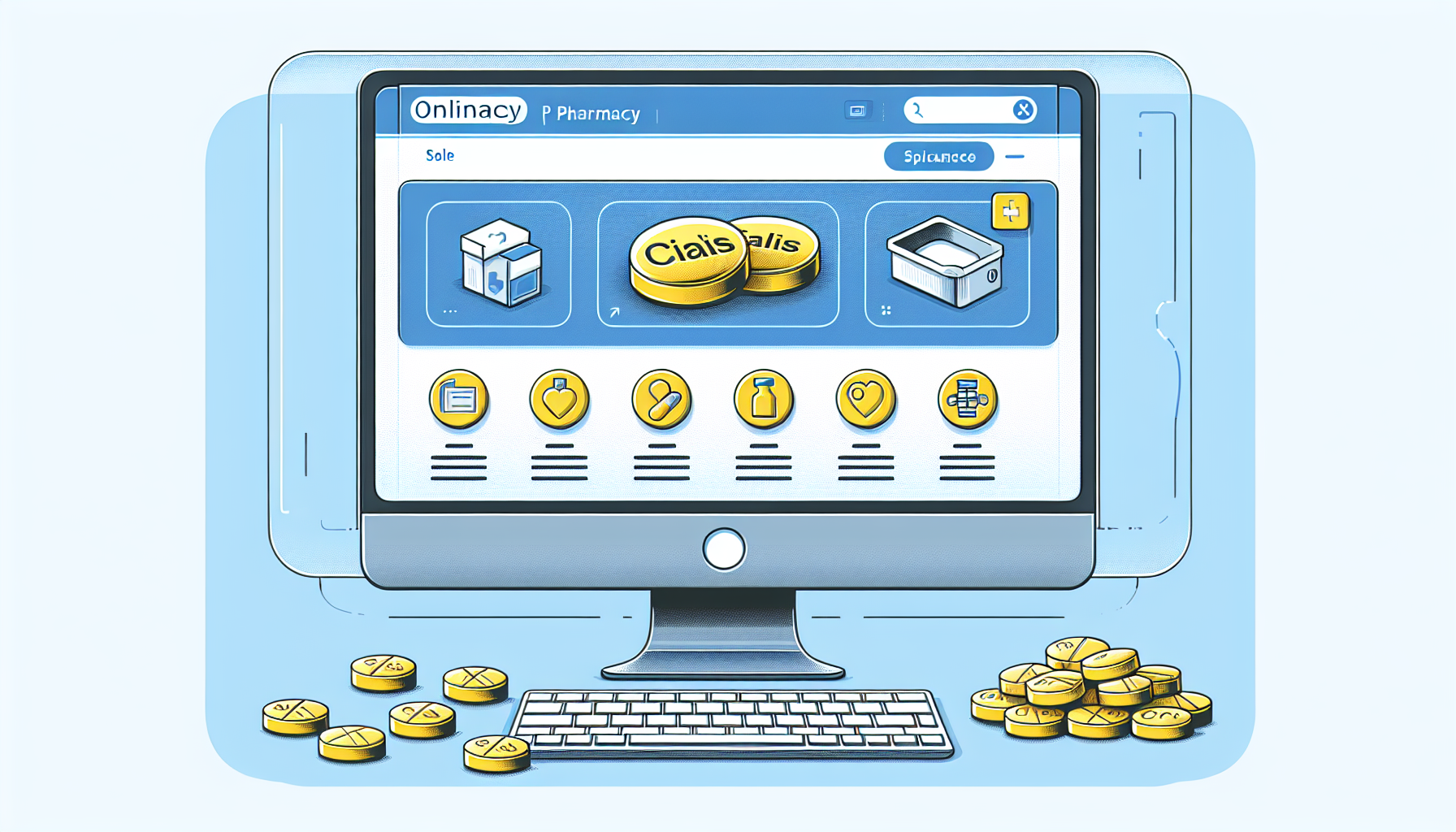 Een illustratie van Cialis-pillen en een online apotheek die Cialis aanbiedt