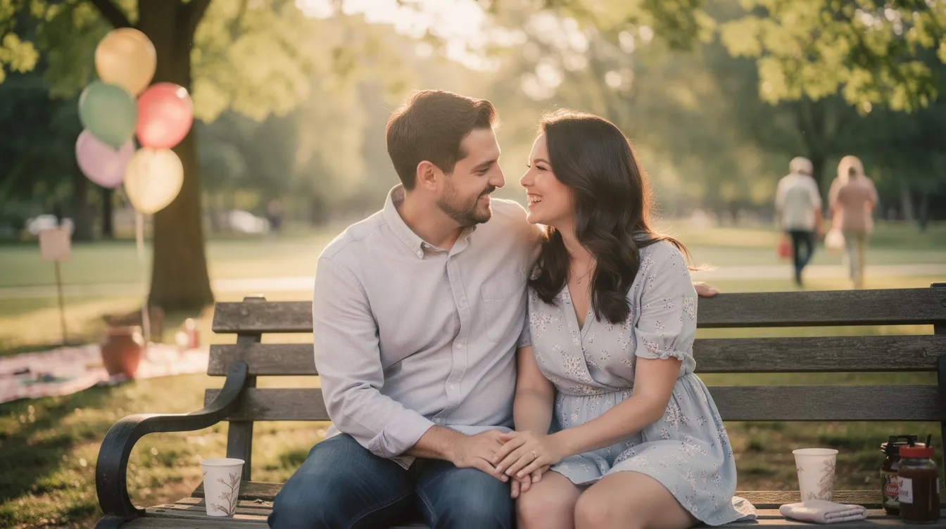A couple, one of whom is a Latina woman, sits closely together on a bench in a quiet park, smiling and engaged in a warm conversation after a family gathering. Their relaxed demeanor reflects the importance of family and cultural connections often found in Latino culture.