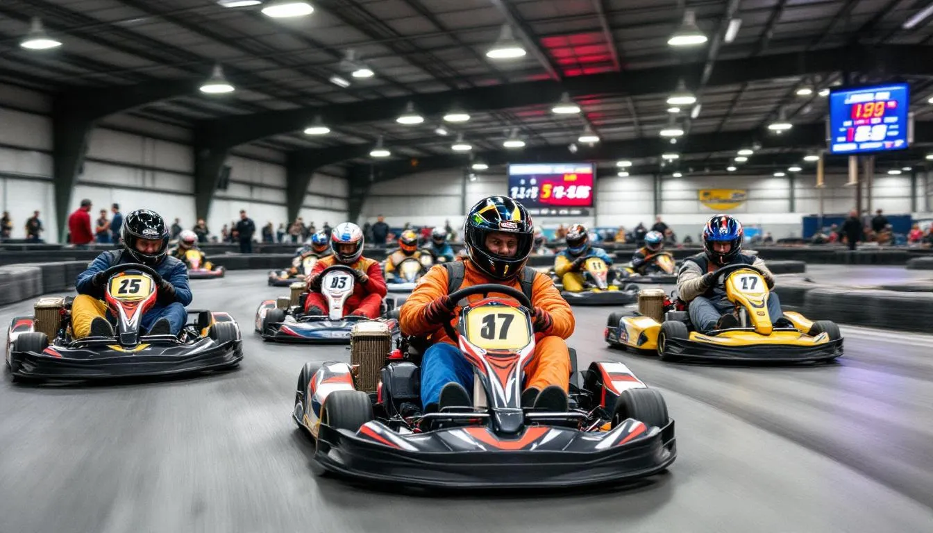 A group of men is having a thrilling time go-kart racing on an indoor track, showcasing excitement and camaraderie as part of their poznan stag weekend activities. The vibrant atmosphere reflects their enjoyment, making it a popular choice for groups looking for epic stag adventures in Poland.