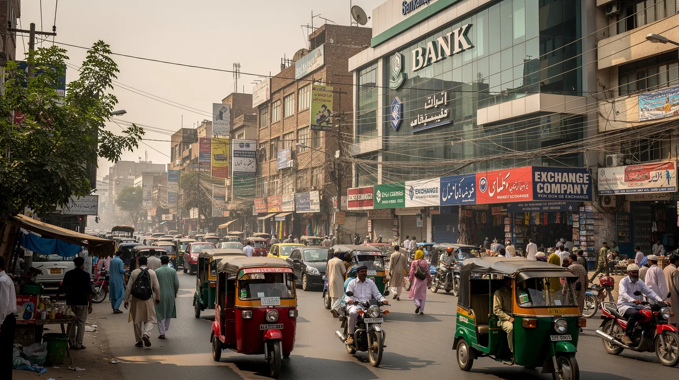 The image depicts a bustling urban street in Lahore, showcasing various bank branches and signs for exchange companies, highlighting services such as money transfers and cash pickups. The scene reflects the vibrant financial activity in the area, where people can easily send money to Pakistan or make bank account deposits.
