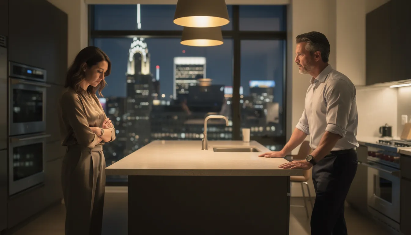The image depicts a high-functioning professional couple in their 30s or 40s standing apart in a modern Manhattan apartment kitchen at night, both looking away from each other, conveying emotional distance and tension. The warm overhead lighting contrasts with the city lights visible through the window, highlighting their silent treatment and the emotional consequences of stonewalling behavior in their romantic relationship.