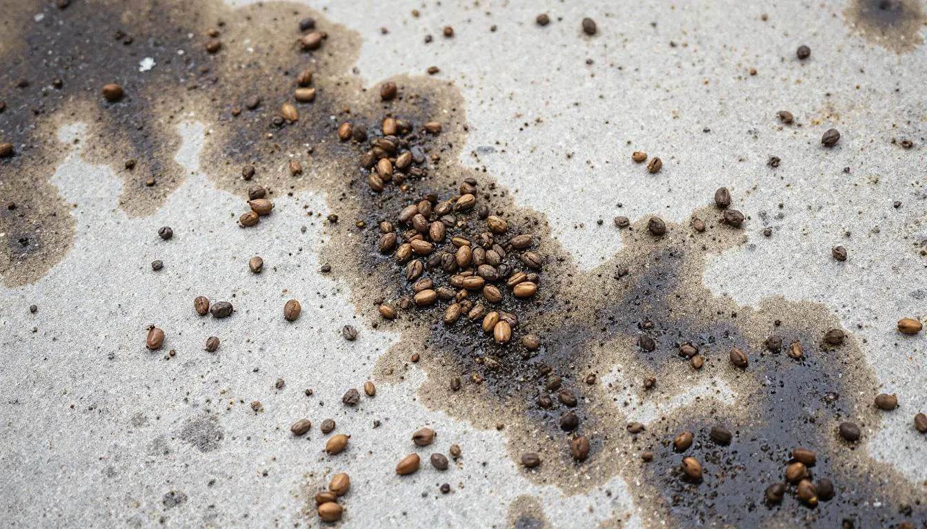 Rat droppings and urine stains on a surface that need to be cleaned.