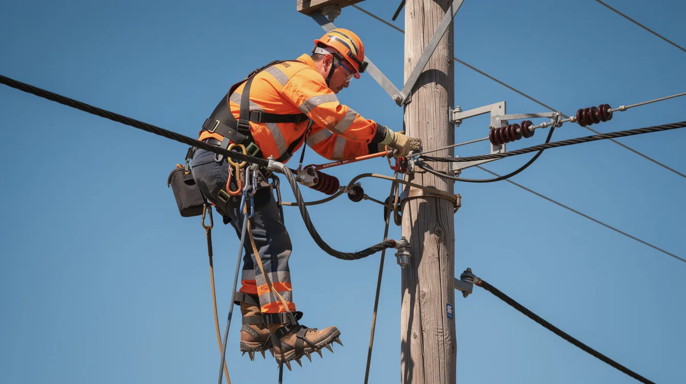 A utility lineworker, equipped with safety equipment and a harness, is diligently working on electrical wiring high above the ground, surrounded by a clear blue sky. This licensed electrician is focused on maintaining electrical systems and ensuring the safety and functionality of power lines.
