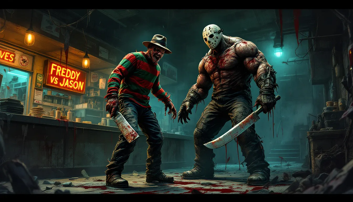 A collection of NECA Freddy vs Jason action figures on display.