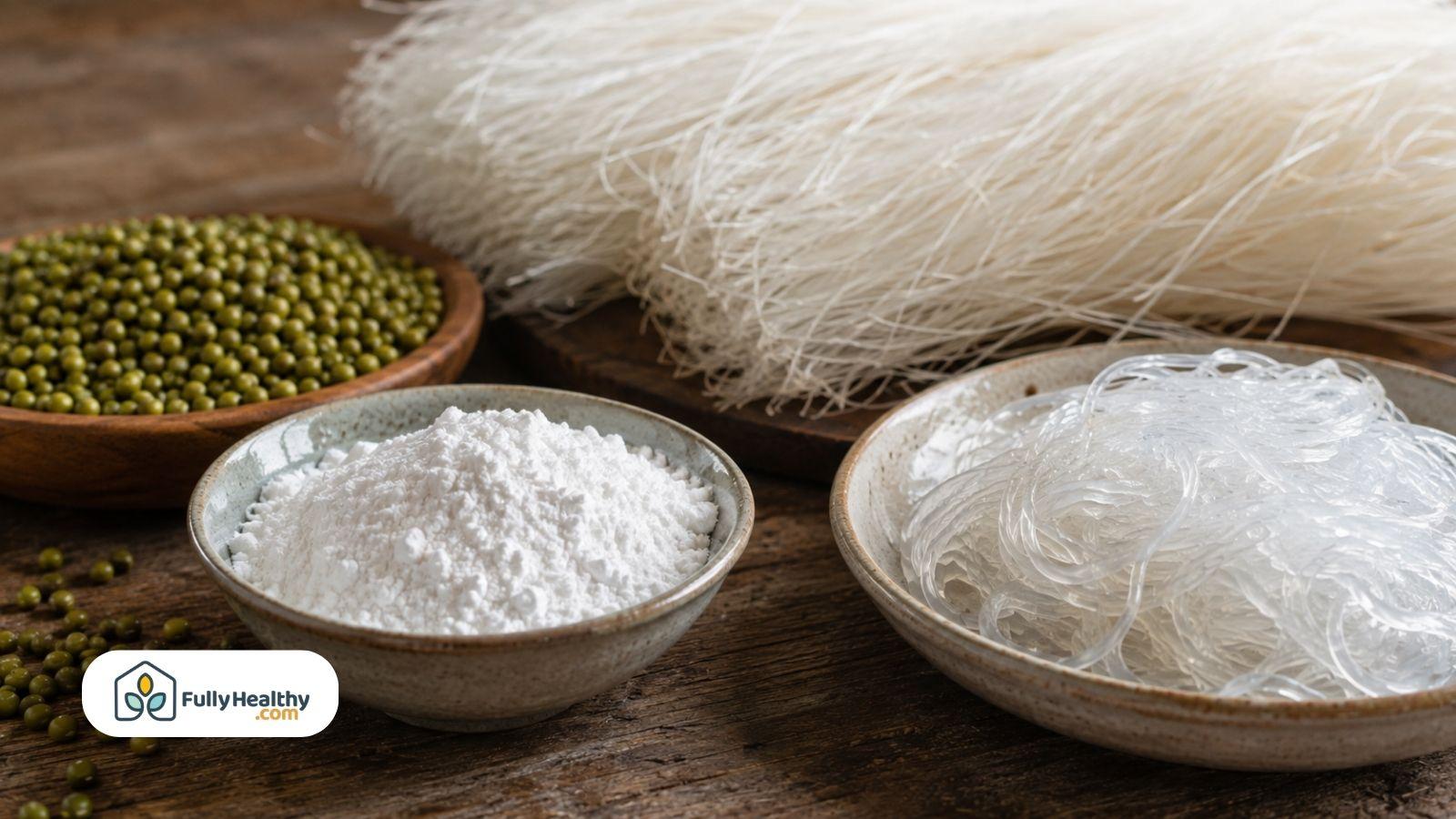 Mung beans starch and translucent glass noodles on wooden table
