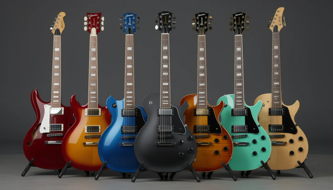Auf dem Bild sind verschiedene E-Gitarren in unterschiedlichen Bauformen und Farben nebeneinander aufgereiht. Darunter sind Modelle wie die Fender Stratocaster und Telecaster sowie Einsteiger-Optionen von Squier, die alle ein breites Spektrum an Klangvielfalt und Spielkomfort bieten.
