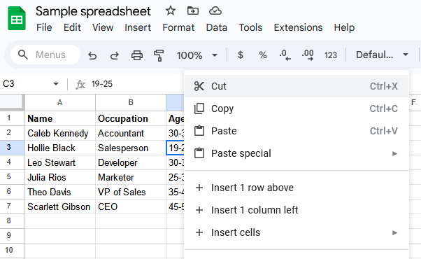 A screenshot of a Google Sheets spreadsheet with the right-click menu open.