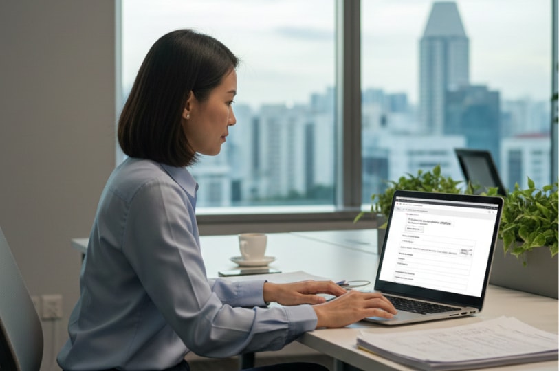 A woman in a light blue shirt working on a laptop at an office desk with a city skyline visible through the window
